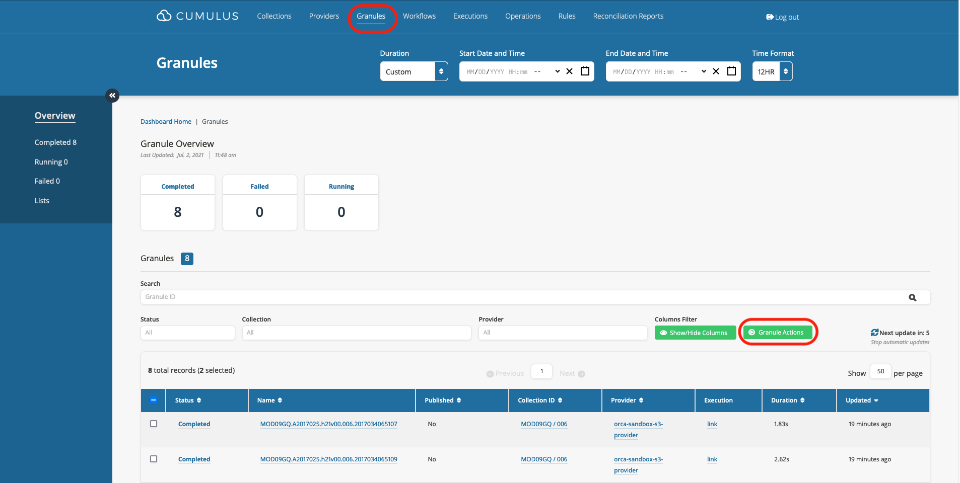 Selecting Granule Actions on the Granules tab on Cumulus dashboard