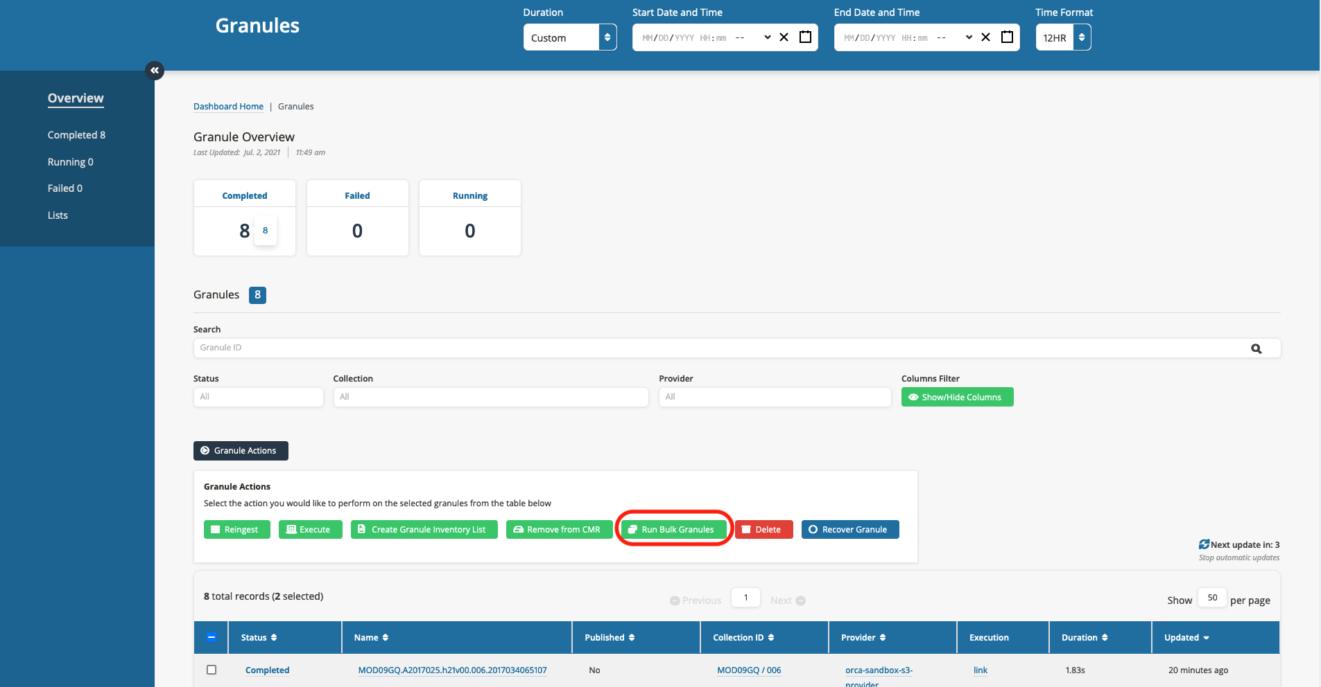 Selecting the Run Bulk Granules Button under Granule Actions