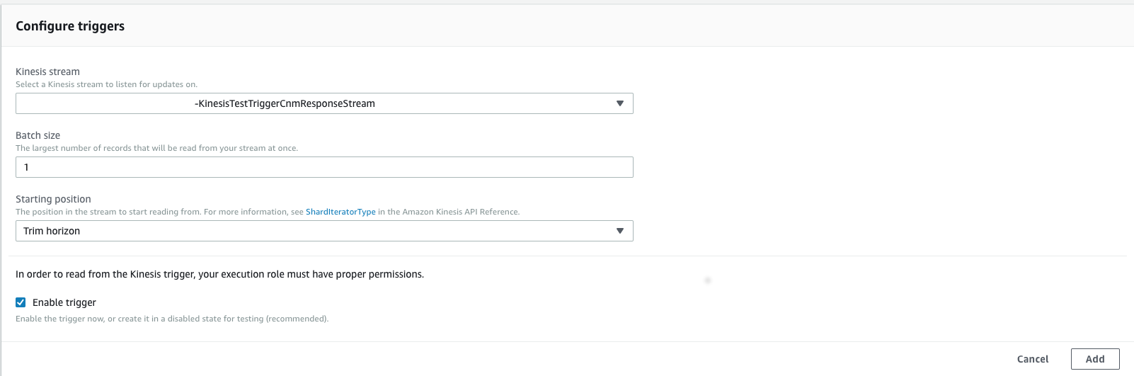 Screenshot of the AWS console showing configuration for Kinesis stream trigger on KinesisOutboundEventLogger Lambda