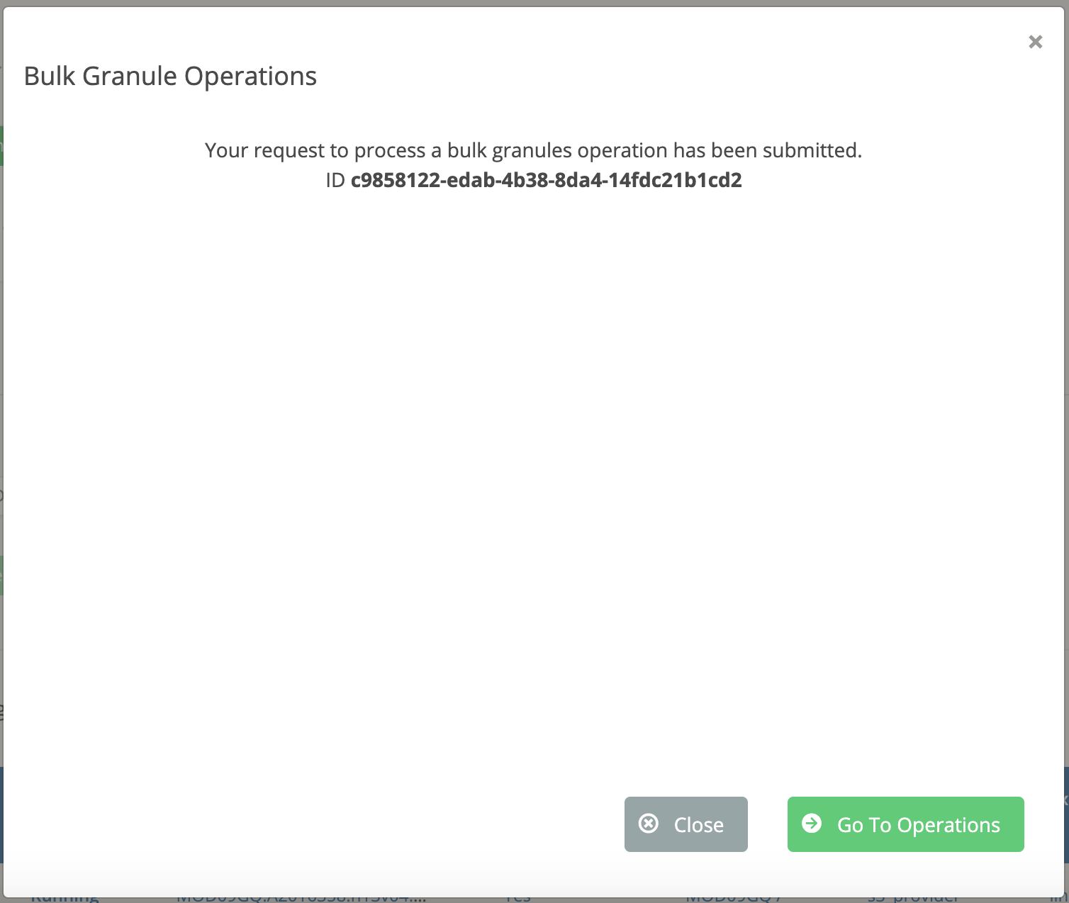 Screenshot of Cumulus dashboard showing confirmation message with async operation ID for bulk granules request