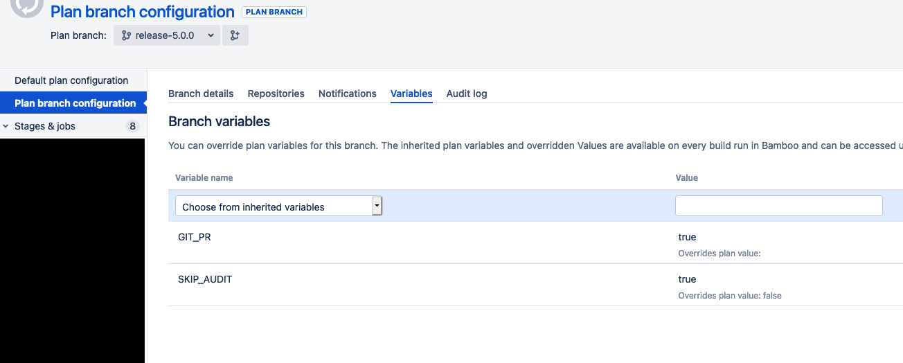 Screenshot of Bamboo CI interface showing the configuration of the GIT_PR branch variable to have a value of &quot;true&quot;