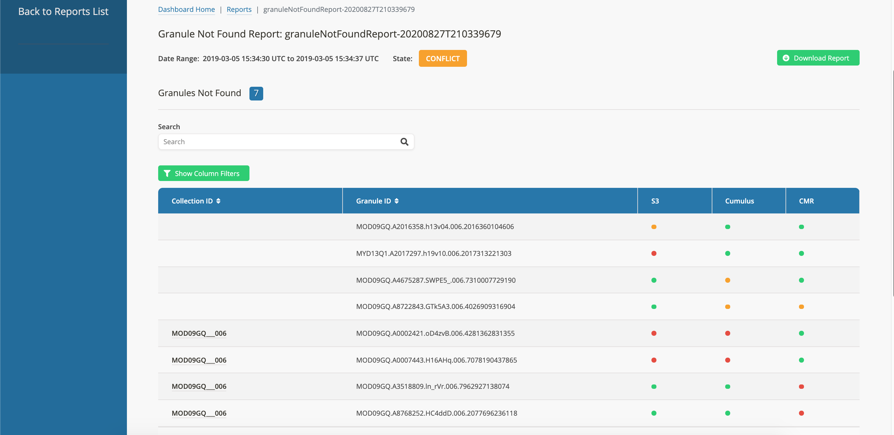 Screenshot of a Granule Not Found Report page