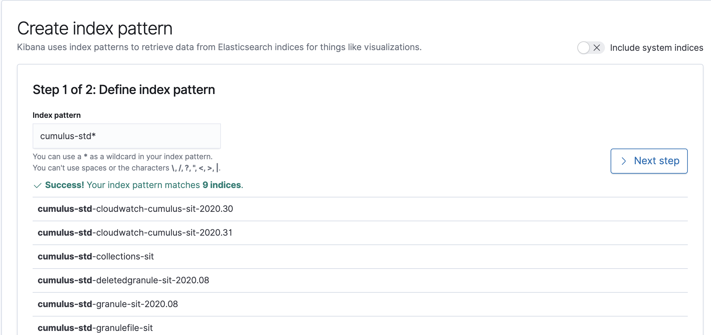 Screenshot of Kibana user interface for defining an index pattern