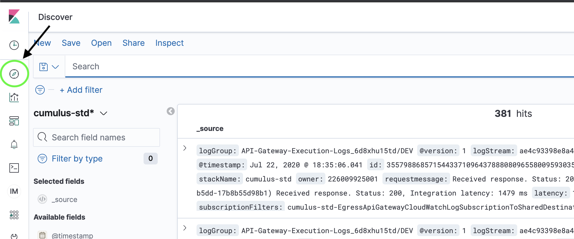 Screenshot of Kibana user interface showing the &quot;Discover&quot; page for running queries