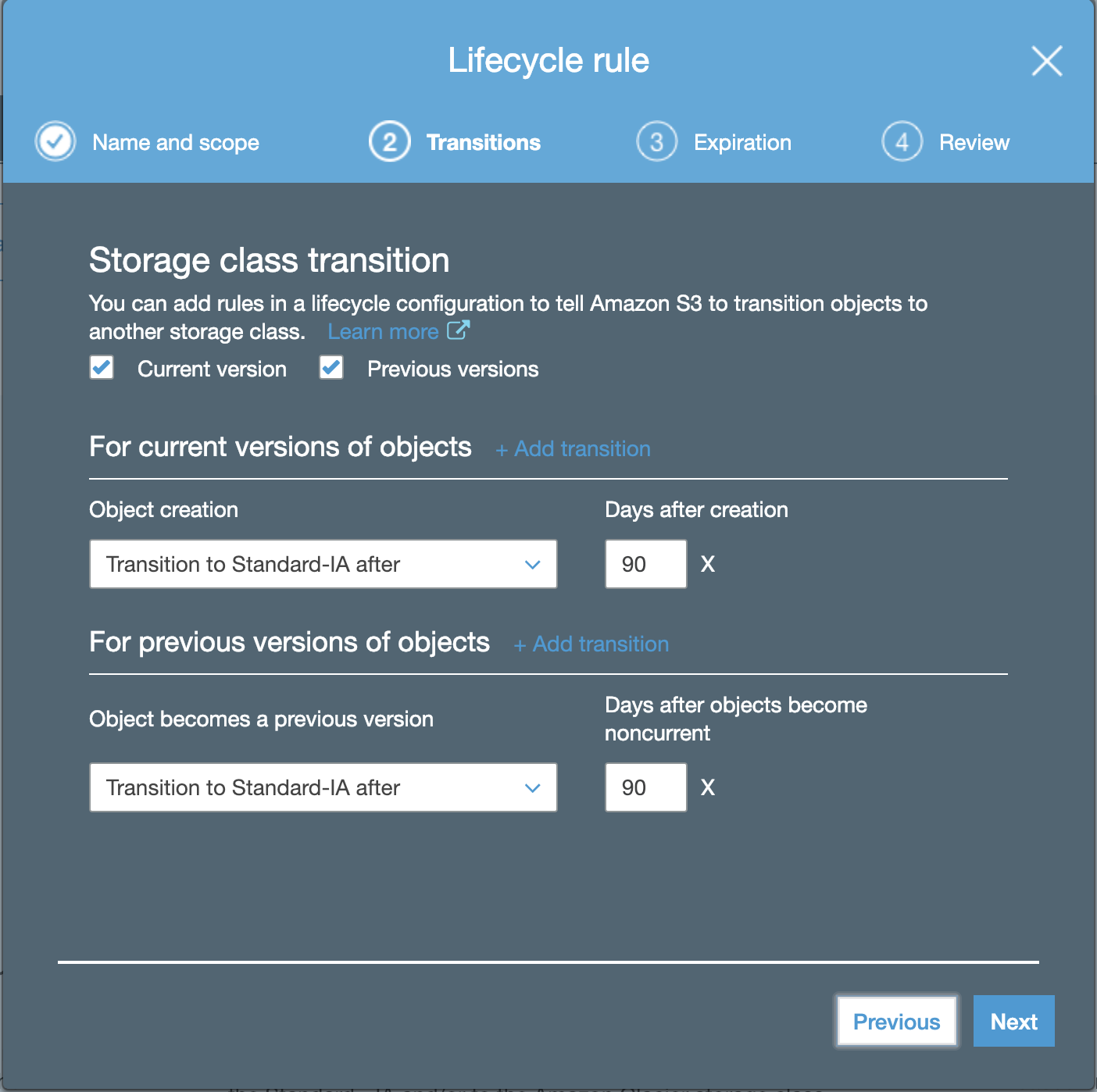 Screenshot of window for configuring the storage class transitions of a lifecycle rule on an S3 bucket in the AWS console