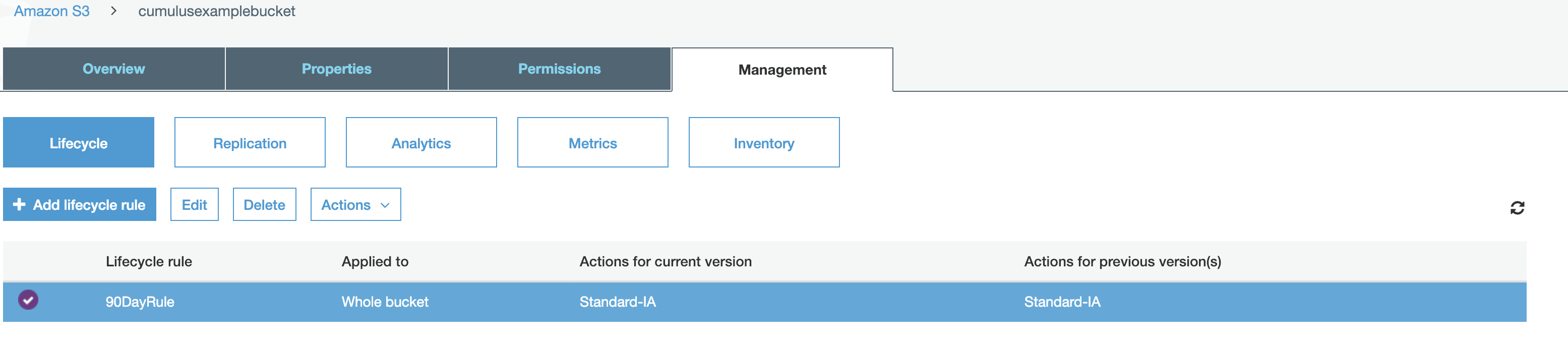 Screenshot of lifecycle rule appearing in the &quot;Management&quot; tab of AWS console for an S3 bucket