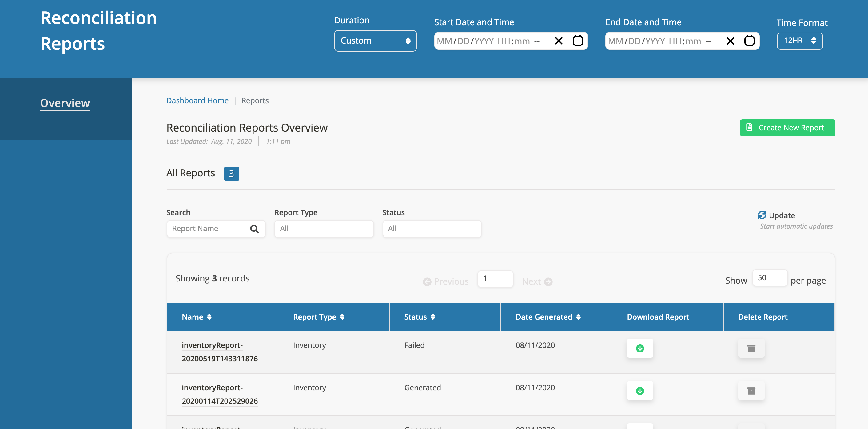 Screenshot of the Dashboard Reconciliation Reports Overview page