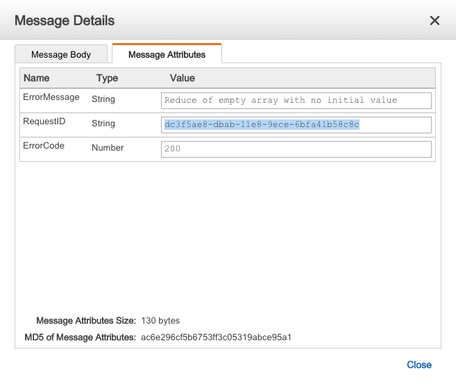 Screenshot of the AWS SQS console showing how to view SQS message attributes