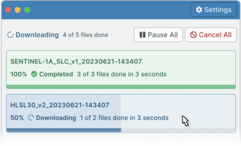 Earthdata Download application displaying two downloads, one of which is complete, and another still processing