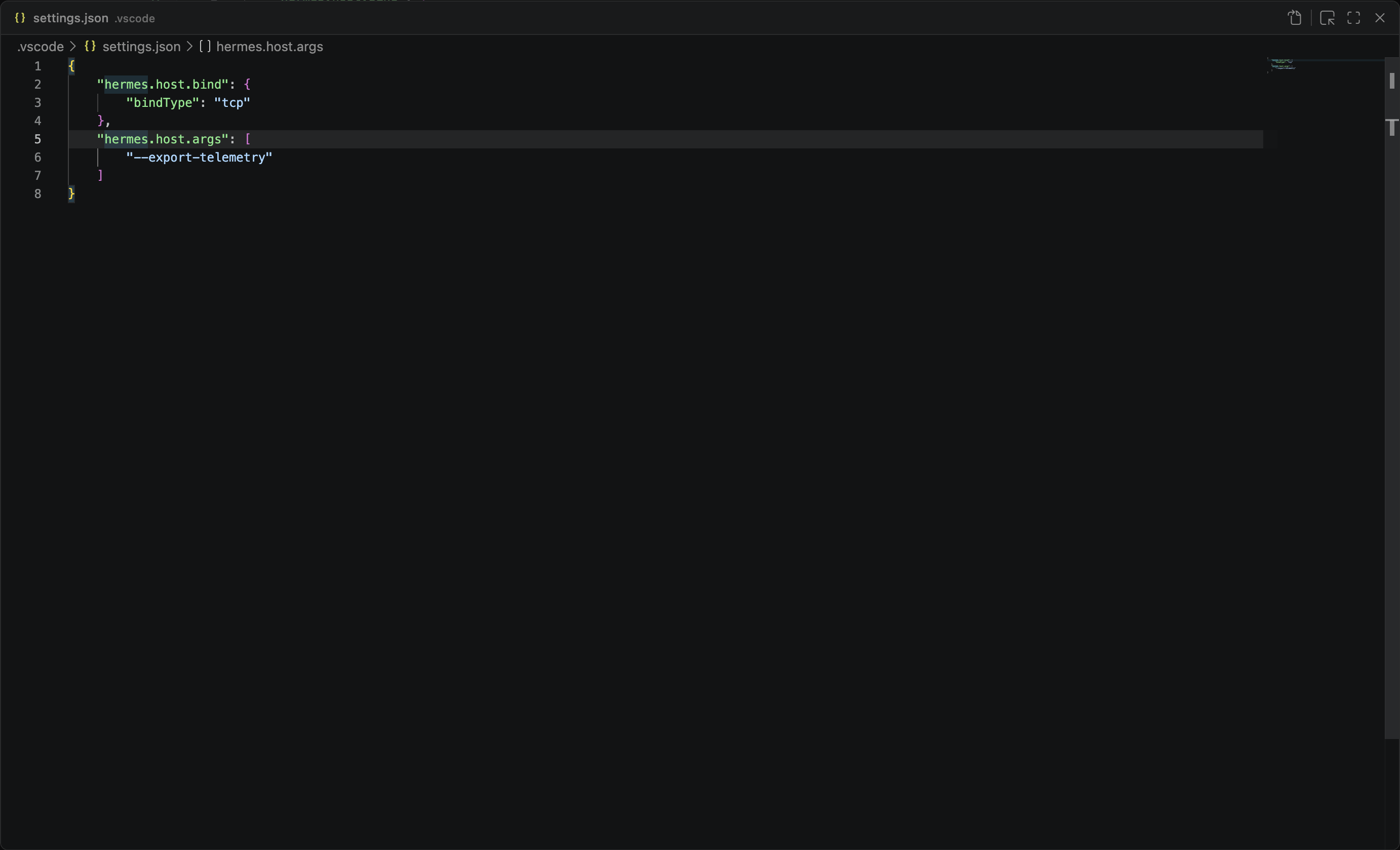 VS Code workspace settings.json file configuring hermes.host.args and hermes.host.bind