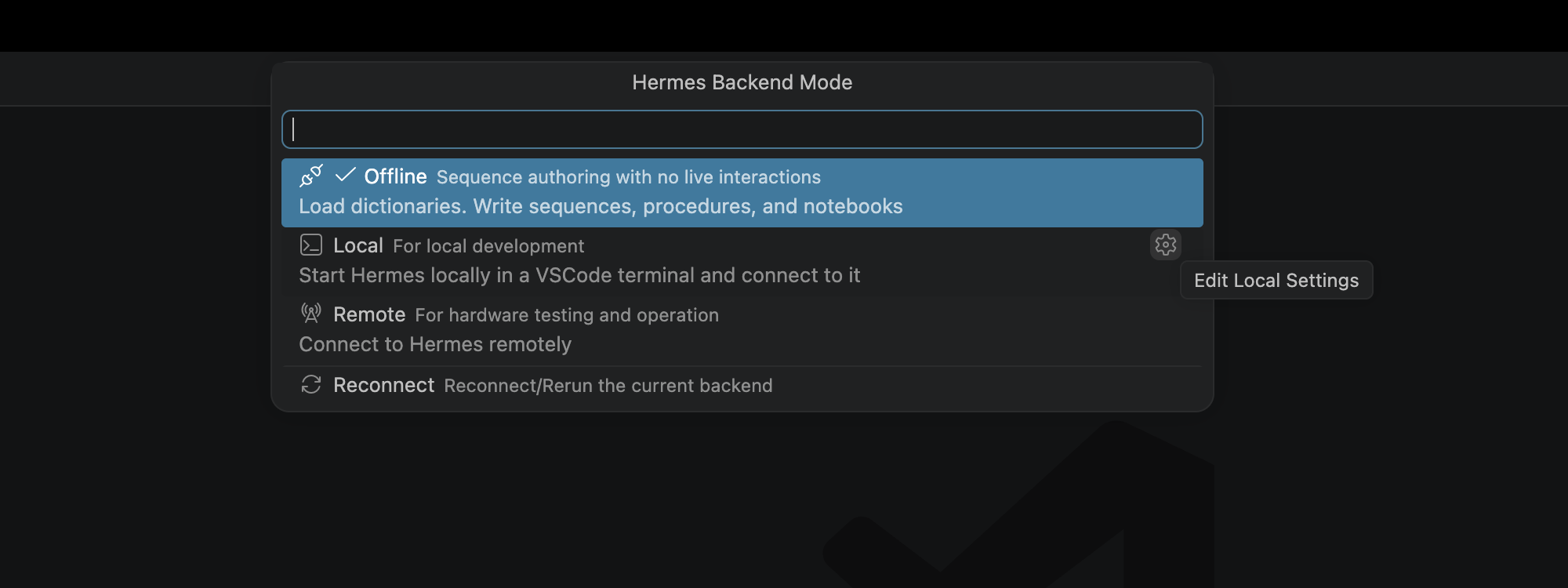 Backend dialog selecting local backend