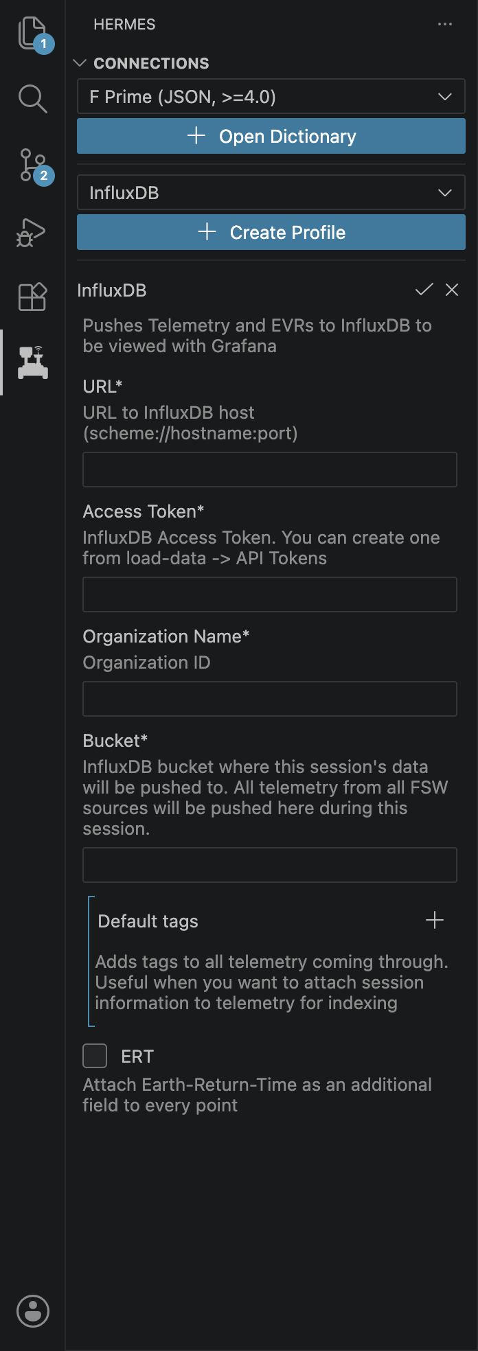 Hermes extension Profile tab with an InfluxDB Profile