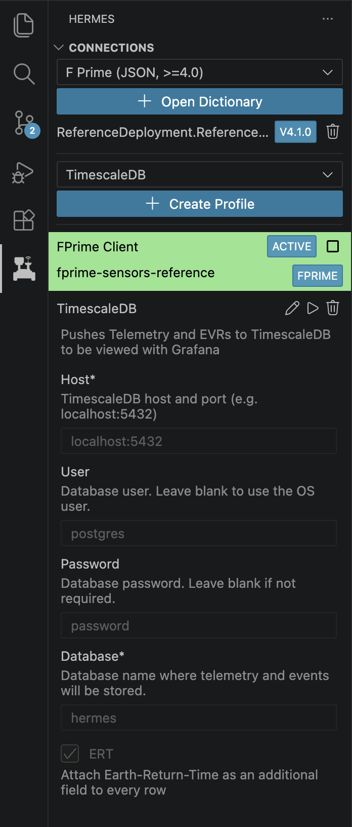 Hermes extension Profile tab with an TimescaleDB Profile